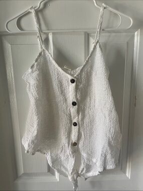 White Textured Button-Front Camisole with Tie Hem